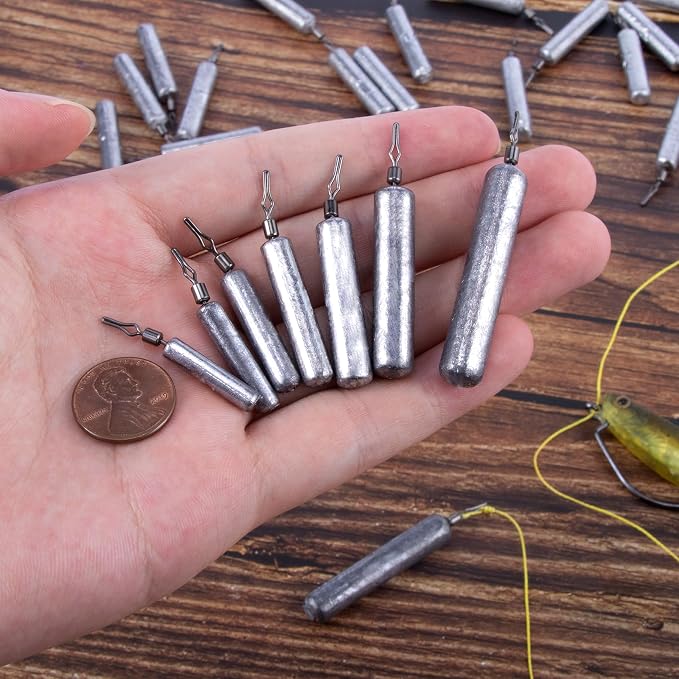 Alwonder 30-Pack Fishing Drop Shot Weights Sinkers Lead Dropshot Rig Weights Freshwater Saltwater Skinny Pencil Shaped Sinker with Rolling Swivel for Bass Fishing 1/8oz- 1oz
