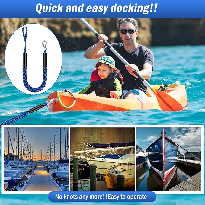 Boat Bungee Dock Lines, Mooring Rope with Stainless Steel Clip,Boat Ropes for Docking, Boat Accessories, Suit for PWC, Kayak, Seadoo, WaveRunner, Pontoon, Bass Boat, 4ft (Black & Blue red)