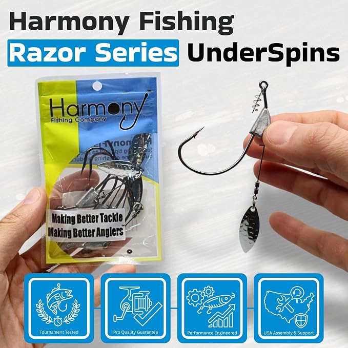 Harmony Fishing - Razor Series Underspin Swimbait Hooks (4 Pack w/ 5 Bait Pegs) - Weighted Weedless Swimmer Hooks with Flashy Willow Spinner Blades