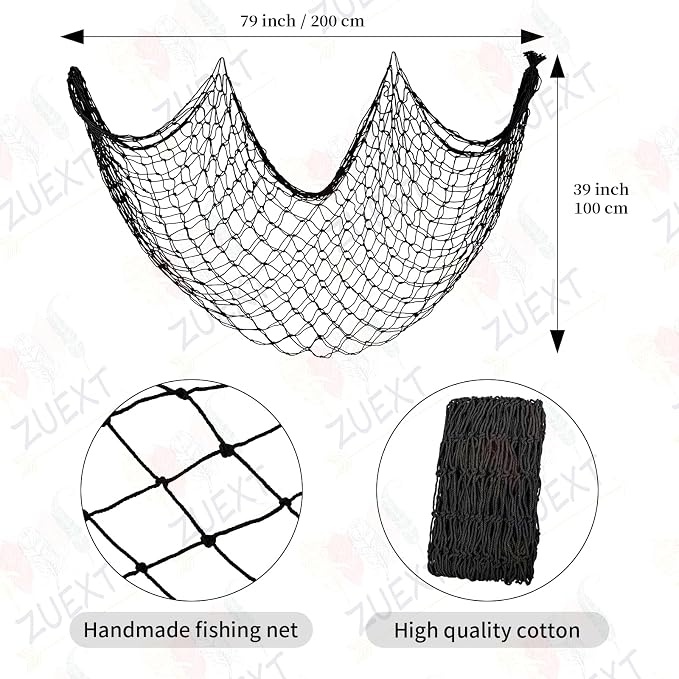 ZUEXT Decorative Fishing Net 80x40 Inch, 2 Pack Large Black Picture Fish Net, Wall Photo Hanging Fishnet for Nautical Mermaid Pirate Ocean Themed Hawaii Beach Under The Sea Party Decorations