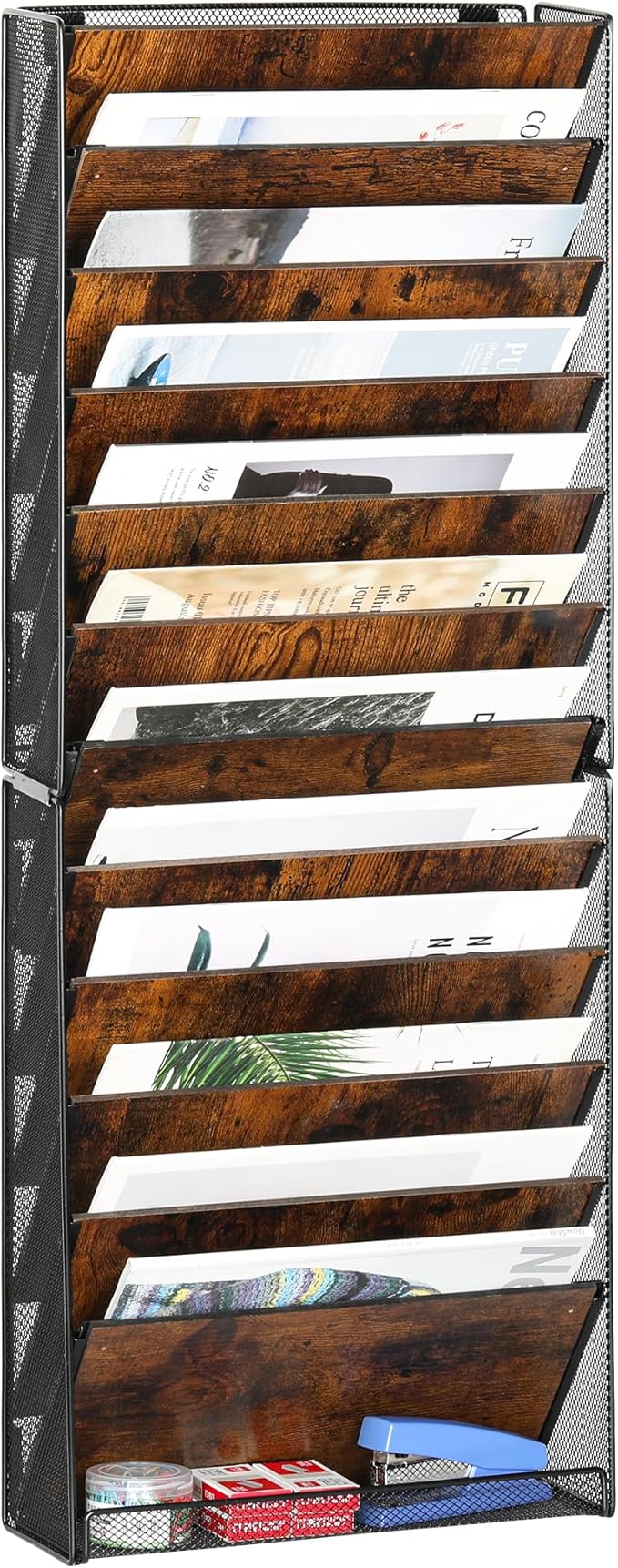 TQVAI 12-Tier Hanging Wall File Organizer - Folding Wall Mounted Mail Document Holder, Metal Clipboard Storage Rack for Office, Homeschool, Classroom Organization, Black/Vintage