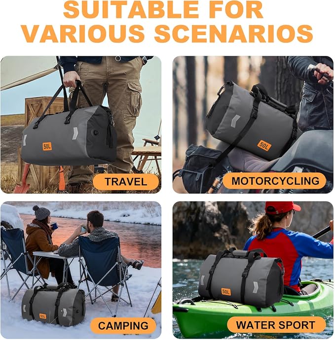 OCKLILY Waterproof Dry Bag, 50L Roll-top Motorcycle Tail Bag with Air Valve & Quick-fixed Straps, Travel Duffle Bags for Kayaking Paddle Boarding Rafting Boating Camping Riding Fishing - Grey