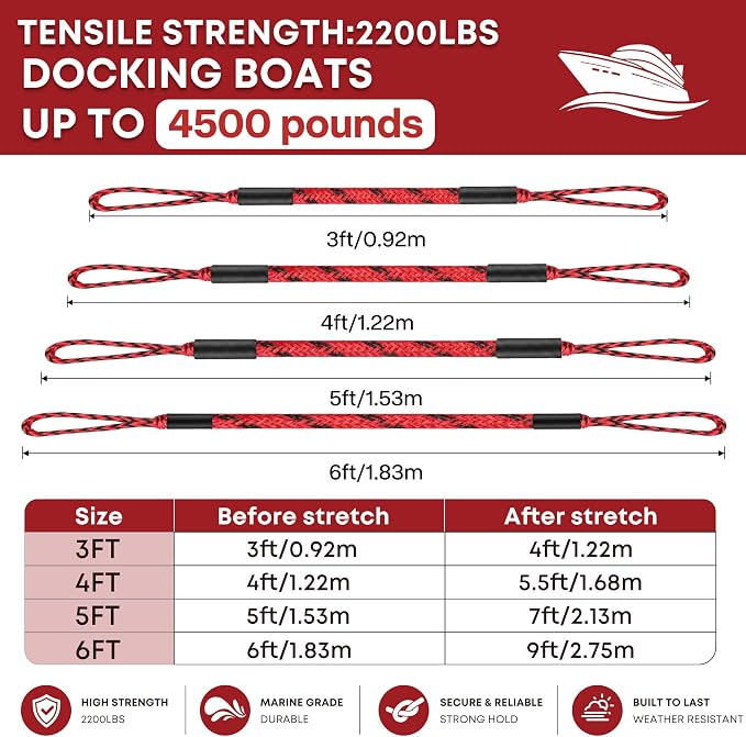 Boat Bungee Dock Lines, Scratch-Free Loop Ends Mooring Rope, Shock Absorbing Pontoon Tie Down Accessories Compatible with Models for Jet Ski（6ft-2 Pack-Red&Black Dots）