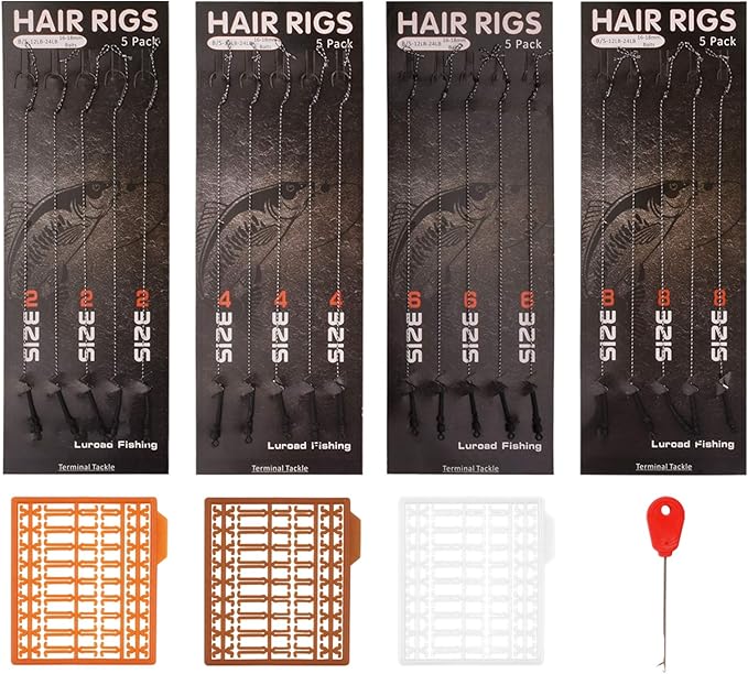 Carp Fishing Hair Rigs, 20 Pcs Curved Barbed Carp Hook Anti-Tangle Swivel Braided Thread line with 3 Card Boilie Bait Stops Dumbell Stoppers and Stringer Needle