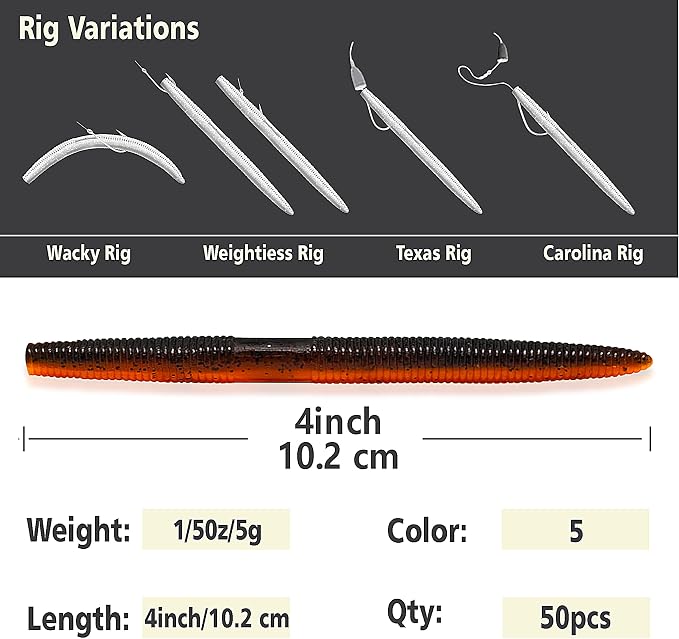 Senko Worms for Bass Fishing, Wacky Worms, Reaction Lure, Soft Plastic Bait for Ned rig, Fishing Lure Kit for Freshwater Bass