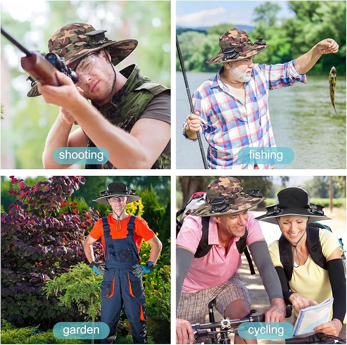 Glitopper 2 Set Wide Brim Solar Fan Hats with 2 Solar Fan and Arm Sleeves Set Outdoor Fishing Bucket Hat for Men Women Hiking