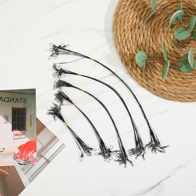 50 Pcs Fishing Leaders, Steel Wire Leaders with Swivels and Snap Connectors, High Strength Anti-Bite Wire Leader Line Kit for Saltwater Freshwater, 4/6/8/10/12 Inch Fishing Gear Equipment (Black)