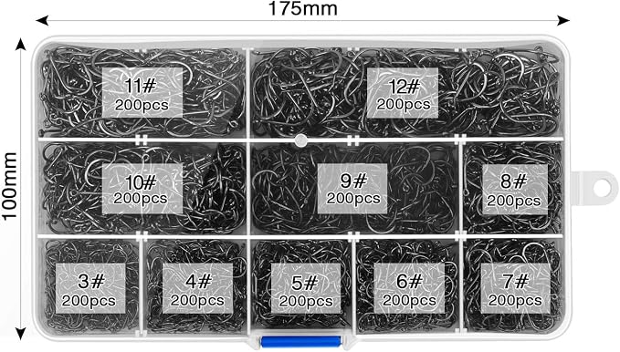HETH 2000pcs Fishing Worm Hooks High Carbon Steel Wide Gap Offset Fishing Hook Set for Saltwater and Freshwater with 10 Sizes