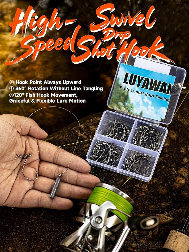 40-Pack Swivel Drop Shot Hooks, Weedless Wide Gap Quick Clip Hooks, Premium Carbon Steel Sharp Anti-Twist Rust-Proof Fishing Hooks, Easy Rigging for Bass Senko Worms Wacky Finesse Fishing