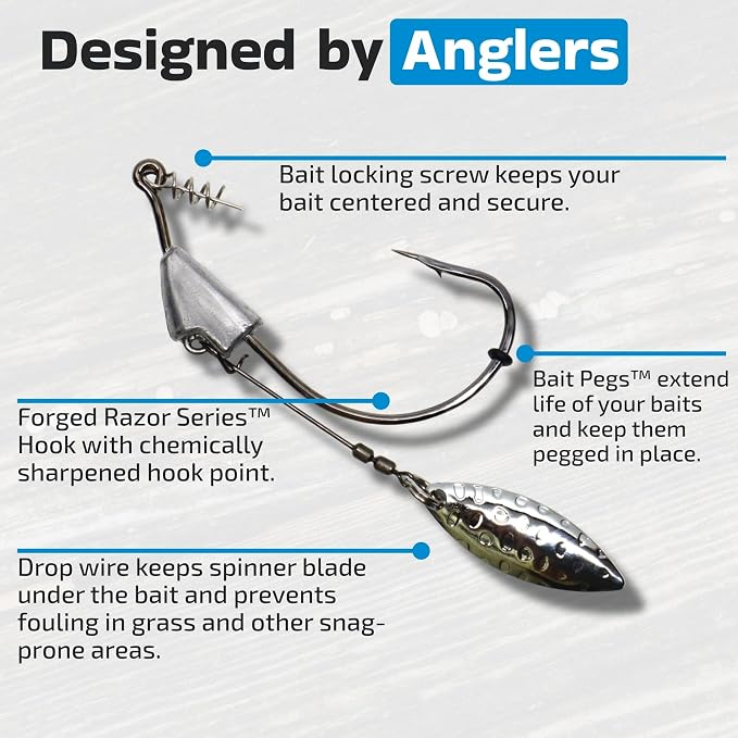 Harmony Fishing - Razor Series Underspin Swimbait Hooks (4 Pack w/ 5 Bait Pegs) - Weighted Weedless Swimmer Hooks with Flashy Willow Spinner Blades