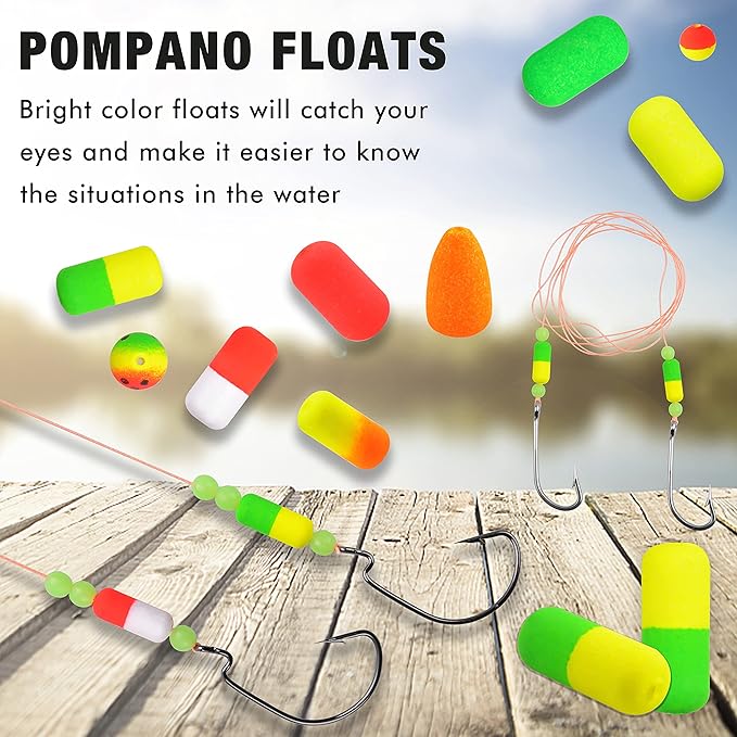 SILANON Pompano Rigs Floats Beads Kit,Foam Snell Fishing Floats Bobbers for Surf Fishing Live Bait Walleye Rig Making Accessories Bullet Cylinder Float for Trout Catfish