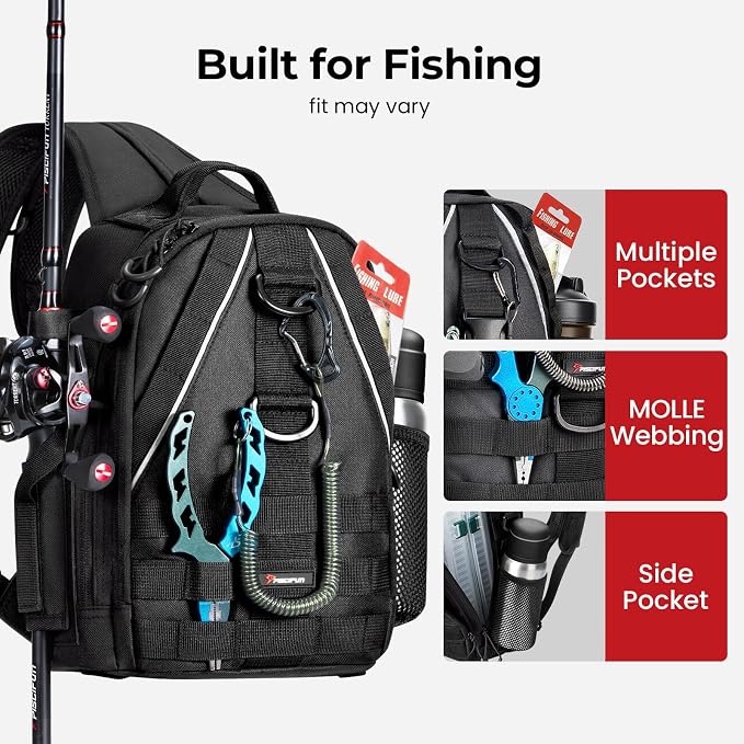 Piscifun Fishing Backpack with Rod Holder, Lightweight Sling Bag Storge Gear and Equipment