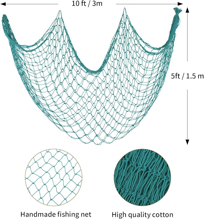 ZUEXT Aqua Decorative Fishing Net 5x10 ft, Large Picture Fish Net, Wall Photo Hanging Fishnet for Nautical Mermaid Pirate Ocean Themed Hawaii Beach Under the Sea Party Decorations