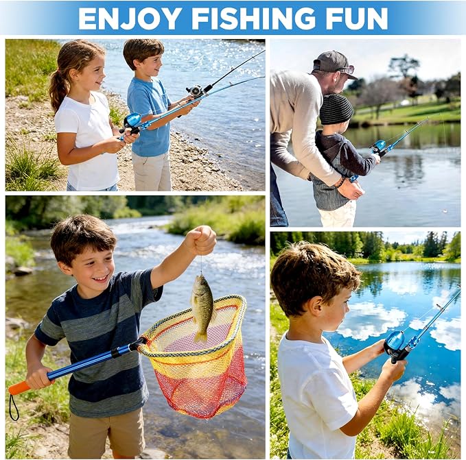 PLUSINNO Kids Fishing Pole with Spincast Reel Telescopic Fishing Rod Combo Full Kits for Boys, Girls, and Adults