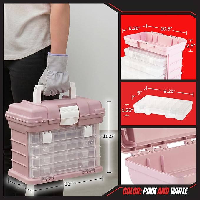 Portable Tool Box - Small Parts Organizer with Drawers and Customizable Compartments for Hardware, Fishing Tackle, Beads, or Crafts by Stalwart (Pink)