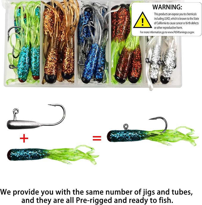 Crappie Lures Tube Lures Jigs Heads Worms Swimbaits Kit, 165, 124, 50 Pcs Pre-Rigged Crappie Jigs Tube Hooks Soft Plastic Grub Worms Baits for Bass Trout Freshwater Saltwater Fishing