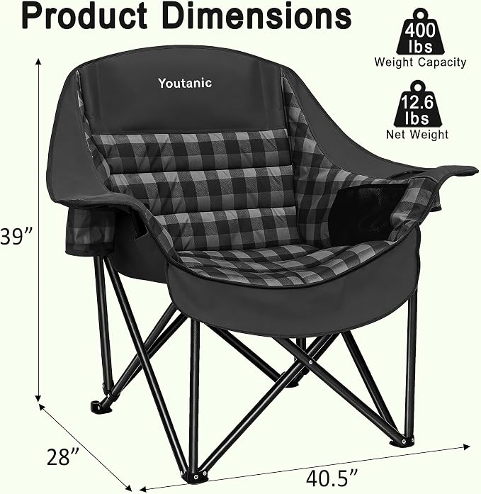 Youtanic Oversized Extra Large Padded Camping Chair, Heavy Duty 400 lbs Foldable Lawn Chair, Ergonomic Outdoor Seat with Plaid Design, Cup Holders & Storage Pockets for Fishing, Sports, Black
