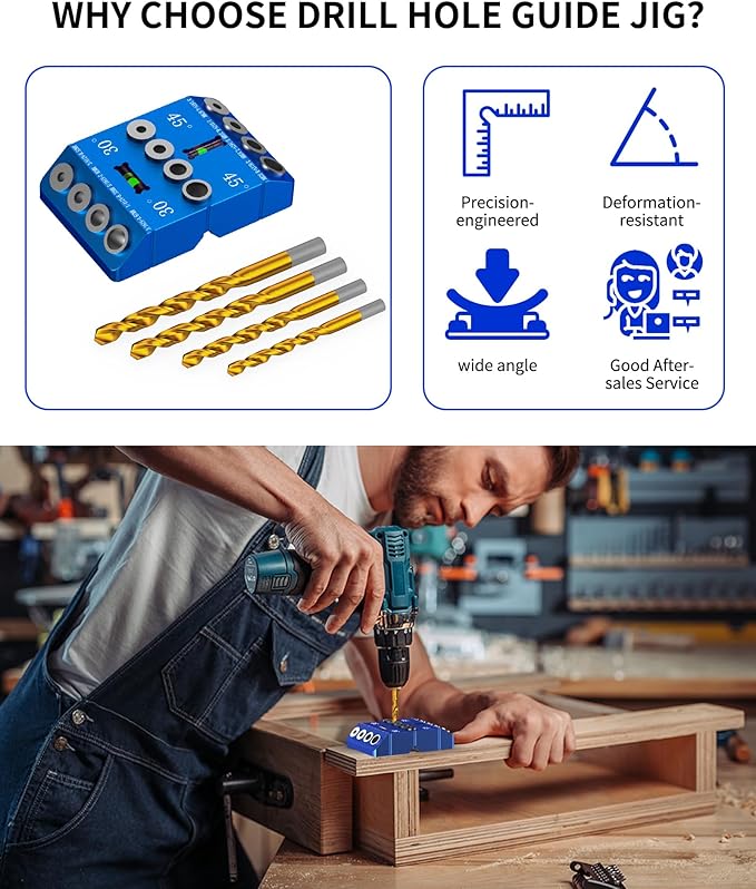 VASTHOME Aluminum 30/45/90° Angle Drill Guide Jig for Woodworking - Precision Angled and Straight Hole Drilling with Bubble Level, for Stair Handrail, Deck Post, Cable Railing, Furniture Assembly