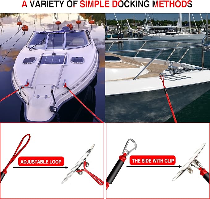 Bungee Dock Line Boat Accessories - Pontoon, Jet Ski, Kayak Accessories with 316 Stainless Steel Clip