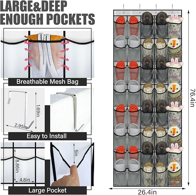 Windyun 2 Pack 40 Over the Door Shoe Organizers Large Mesh Pocket Hanging Shoe Rack for Closet Nonslip Behind Dorm Door Storage Holder Dorm Essentials Back to School Organizer for College(Gray)