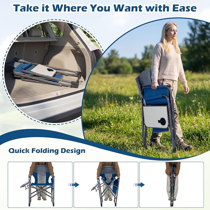 COSTWAY Oversized Folding Camping Chair with Padded Seat, Side Table, Cup Holder & Storage Pocket, Heavy-Duty Portable Director's Chair for Beach, Fishing, Picnic & Sports, Supports 400 lbs (Navy,1)