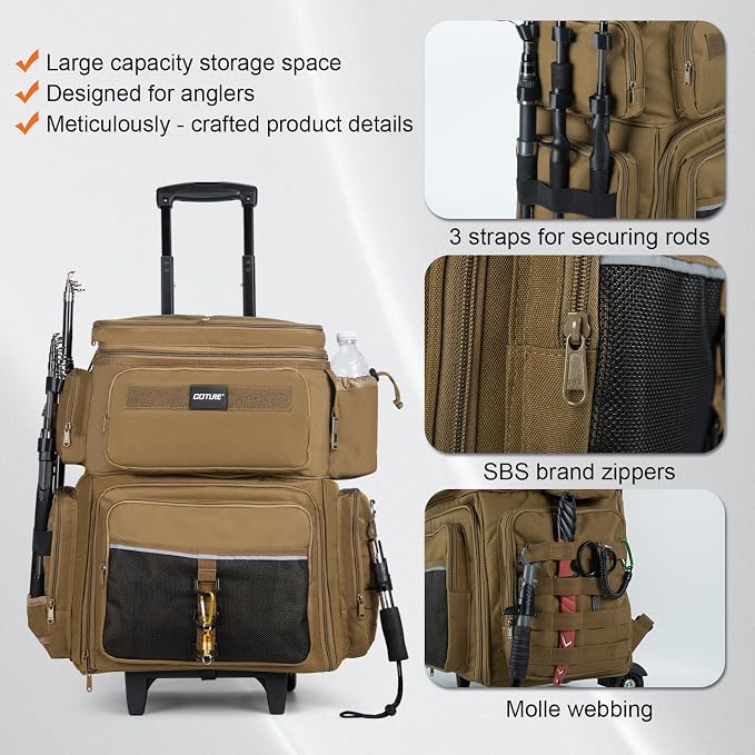 Goture 66L Rolling Tackle Box with Cooler, Khaki Large Fishing Bag with Wheels for 5 3700 Trays(Trays Included), Saltwater Resistant Tackle Backpack with Rod Holders