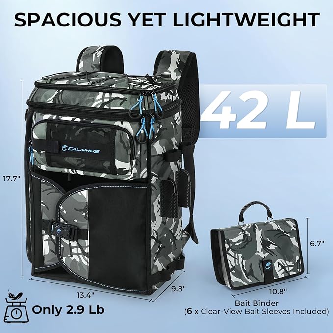 Calamus GearMaster Tackle Backpack with Bait Binder, Large Lightweight Water-Resistant Fishing Bag, Rod Holders, Food Storage