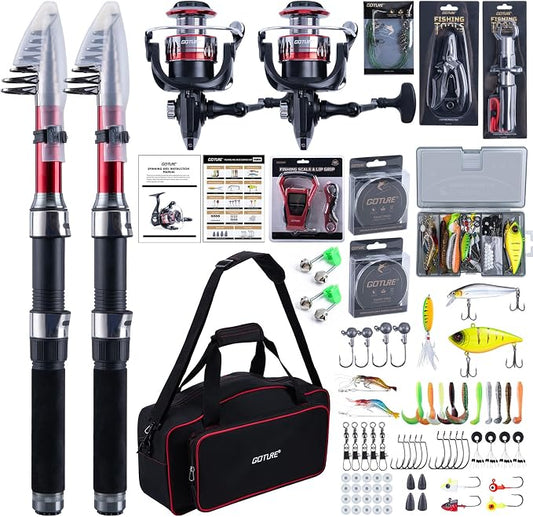 Goture Fishing Rod and Reel Combos-2PCS Telescopic Fishing Pole+2PCS Spinning Reels with Carrier Bag,1.8M-2.7M Telescopic Rod Reel Kit for Starter Travel Saltwater Freshwater,Gifts for Men