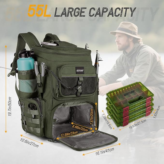 Goture Fishing Backpack with 4 Tackle Boxes, 900D Water-Resistant Tackle Backpack with Rod Holders,Insulated Cooler Compartment, 55L Large Capacity Fishing Gear Storage Bag for Saltwater & Freshwater