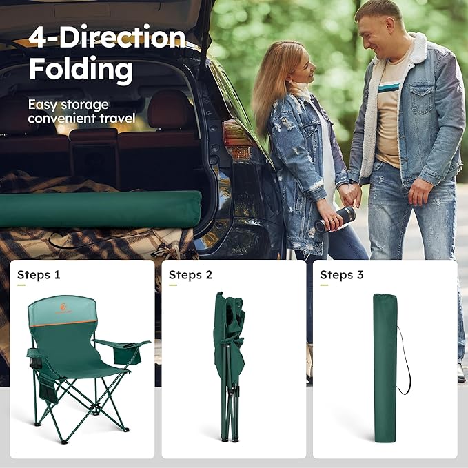 ALPHA CAMP 2-Pack Camping Chair with Cooler Bag, Heavy Duty 250lbs Capacity Folding Chair with Lumbar Support & Side Pocket, Portable Quad Chairs for Beach Fishing Tailgating & Sideline Sport
