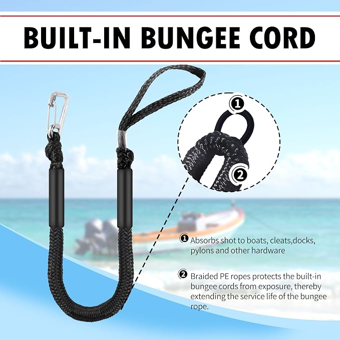 Boat Bungee Dock Lines – Adjustable Boat Tie Downs for Pontoon, Jet Ski, PWC, Kayak | Single Hook Small Cruiser Mooring Lines | (2, Black, 3 Feet)
