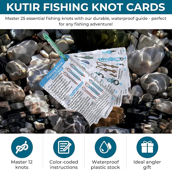 Fisherman's Knot Cards - 25 way Waterproof Pocket Guide & Knot Tying Tool | Fishing Knot Charts, Hook Size Chart for Salt Water Fishing | Gifts for Fisherman, Men, Boy Scouts Incl. Knots Landing Guide
