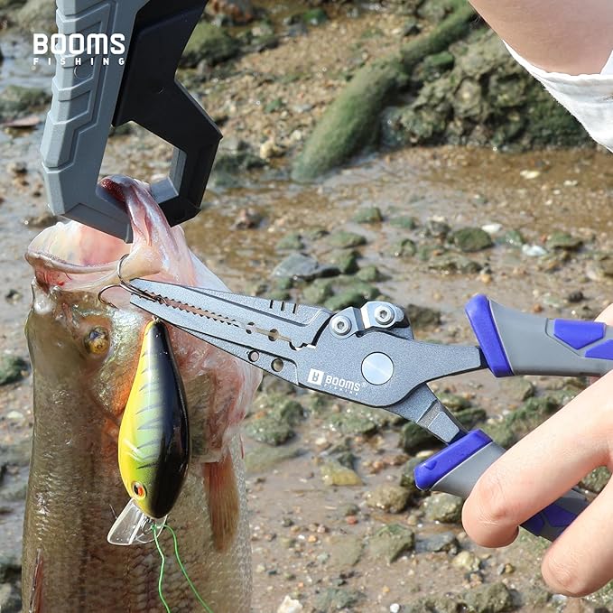 Booms Fishing Multi-Function Pliers Saltwater: 8.5" Carbon Steel Saltwater Fishing Pliers with Hook Remover, Split Ring Tool, Braid Cutters & Crimper for Freshwater & Saltwater Anglers, XW12