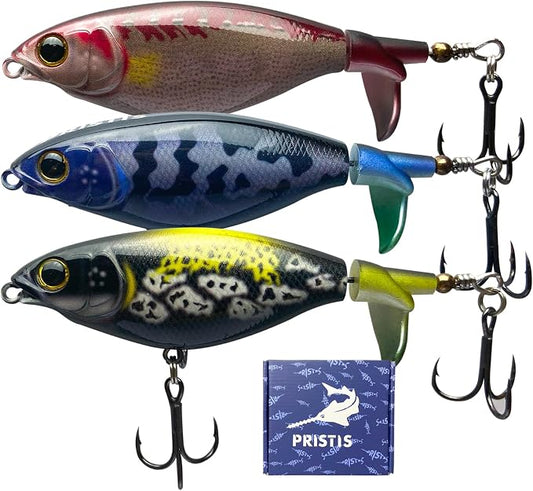 Pristis 3 pcs Topwater Fishing Plopper Lures, Floating Popper Bait Set with Chemically Sharpened Hooks for Saltwater Freshwater, Top Water Plopping Swimbait Teaser for Bass Tuna Perch Pike Crappie