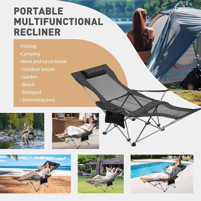 Zero Gravity Chair Reclining Folding Chair with Removable Footrest and Pillow & Cup Holder, Adjustable Outdoor Oxford Fabric Lounge Recliner for Camping, Beach, Garden, Patio, Black Mesh