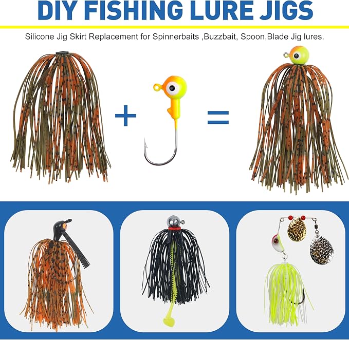 Silicone Jig Skirts Spinnerbait Skirts Replacement 12/24 Bundles DIY Bass Fishing Jigs Lure Skirts for Spinner Bait Buzzbaits Squid Jig Spoon Blade Fly Tying Material