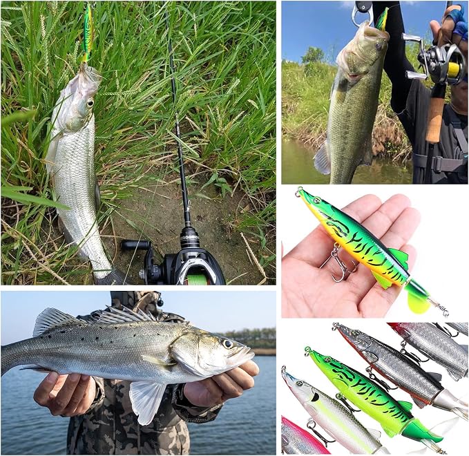 6PCS Top Water Whopper Fishing Lure 5.1 inch, Bass Popper Lure kit, Topwater Fishing Lures with Rotating Tail, Floating Popper for Crappie Walleye Catfish Pike Perch, Freshwater Or Saltwater