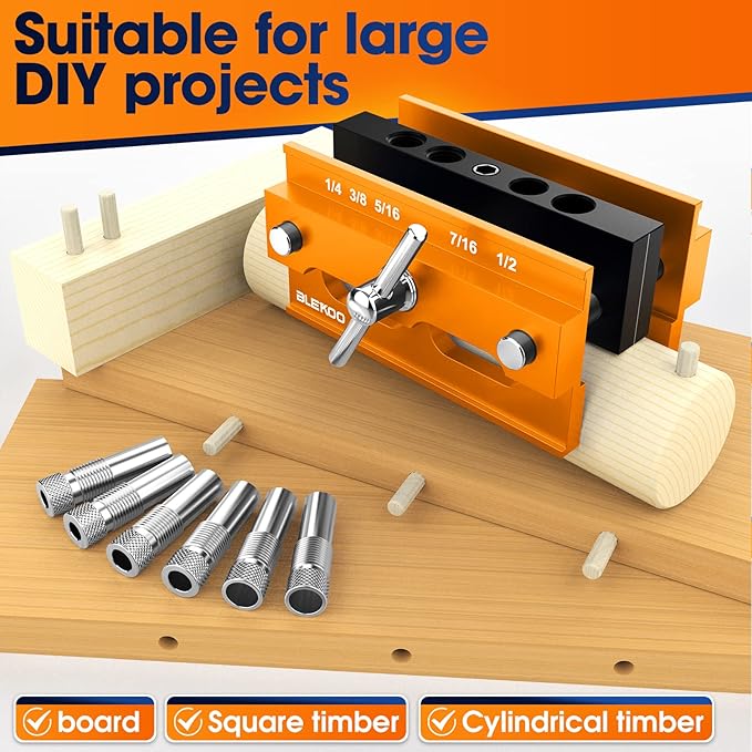 BLEKOO Self Centering Doweling Jig Kit, Drill Jig For Straight Holes Biscuit Joiner Set With 6 Drill Guide Bushings, Adjustable Width Drilling Guide Power Tool Accessory Jigs (Gold)