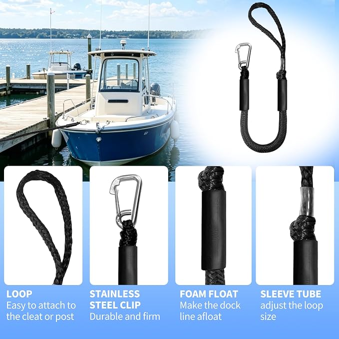 Bungee Dock Line with Stainless Steel Clip – Boat Dock Rope with Foam Float for Kayak, Canoe, Pontoon, Watercraft, SeaDoo, Docking – 4–5.5 ft, 2 Pack（Black）