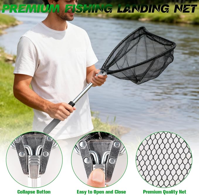 Hikary 10 Pcs Fishing Tool Kit,Folding Fishing Net Set with Storang Bag,Pliers with Lanyard and Protective Sheaths,Hook Remover,Fish Gripper,Fish Scale,Scissors for Fisherman Travel Gifts