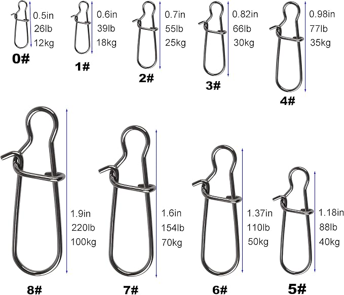100 Pack Duo Lock Snaps Size 0-8 Black Nice Snap Swivel Solid Rings Stainless Steel Fishing Tackle Kit - Test: 26LB-220LB