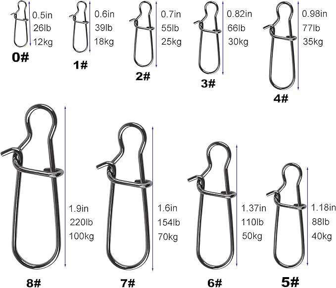 100 Pack Duo Lock Snaps Size 0-8 Black Nice Snap Swivel Solid Rings Stainless Steel Fishing Tackle Kit - Test: 26LB-220LB
