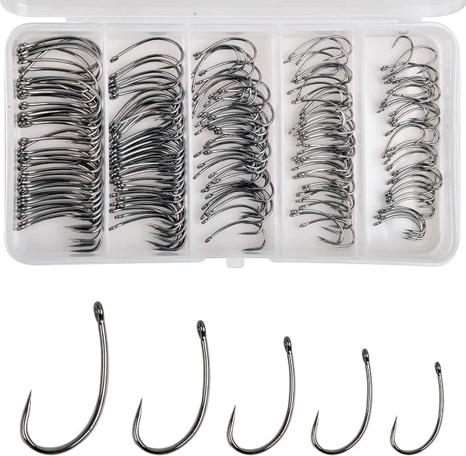 175pcs Barbless Fishing Hook Kits,Small Size Carp Fishing Hooks Curve Shank Crank and Wide Gape Fly Tying Hooks Circle Hook with Tackle Box Size 2#,4#,6#,8#,10#