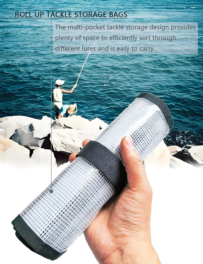 25"x9" Fishing Lure Wraps with 6 Pockets, Foldable Saltwater Trolling Lure Storage Bag, Clear PVC Protective Hook Covers Organizer for Swimbaits, Jigs and Offshore Fishing Gear (1 Pcs)