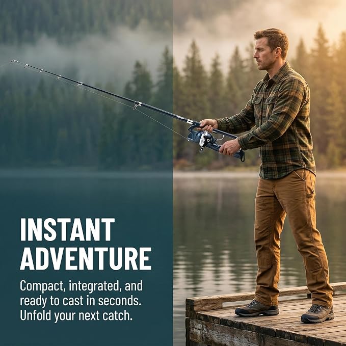Telescopic Fishing Rod & Reel Combo – Ultra-Portable-Foldable Travel Fishing Pole Kit, Sturdy Fiberglass Build for Hiking, Backpacking, and Outdoor Adventures