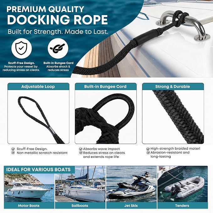 Boat Bungee Dock Lines, Scratch-Free Loop Ends Mooring Rope, Shock Absorbing Pontoon Tie Down Accessories Compatible with Models for Jet Ski（3ft-2 Pack-Black）