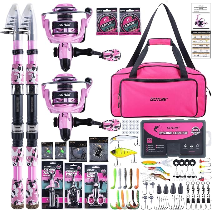 Goture Pink Fishing Rod and Reel Combo - ML Action Spinning Reel Pole with Pink Bag - Telescopic Rod Kit for Starter Travel Saltwater Freshwater, Gift for Woman