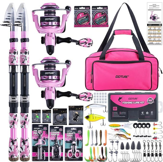 Goture Pink Fishing Rod and Reel Combo - ML Action Spinning Reel Pole with Pink Bag - Telescopic Rod Kit for Starter Travel Saltwater Freshwater, Gift for Woman