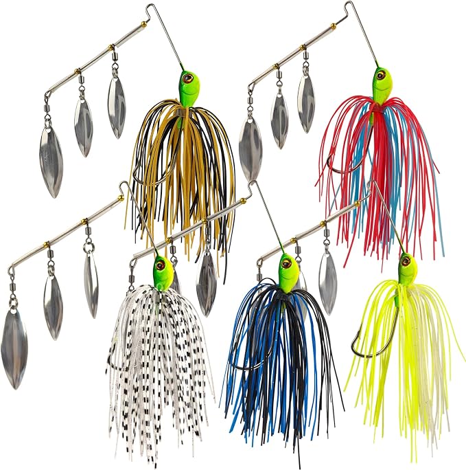 5pcs Spinner Baits Fishing Lures Kit,Willow Leaf Spinnerbait Buzz Bait,Silicon Skirt Swim Jigs Fishing Tackle Spinner Baits for Bass Trout Salmon Pike Saltwater Freshwater