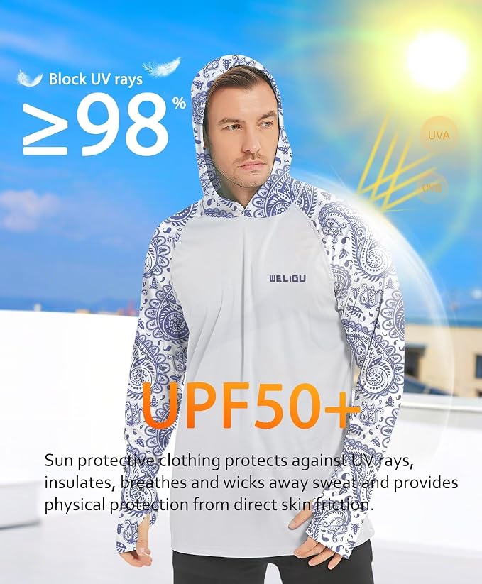 Men's UPF 50+ Sun Protection Hoodie Shirt Long Sleeve SPF Fishing Outdoor UV Hiking Lightweight Shirts